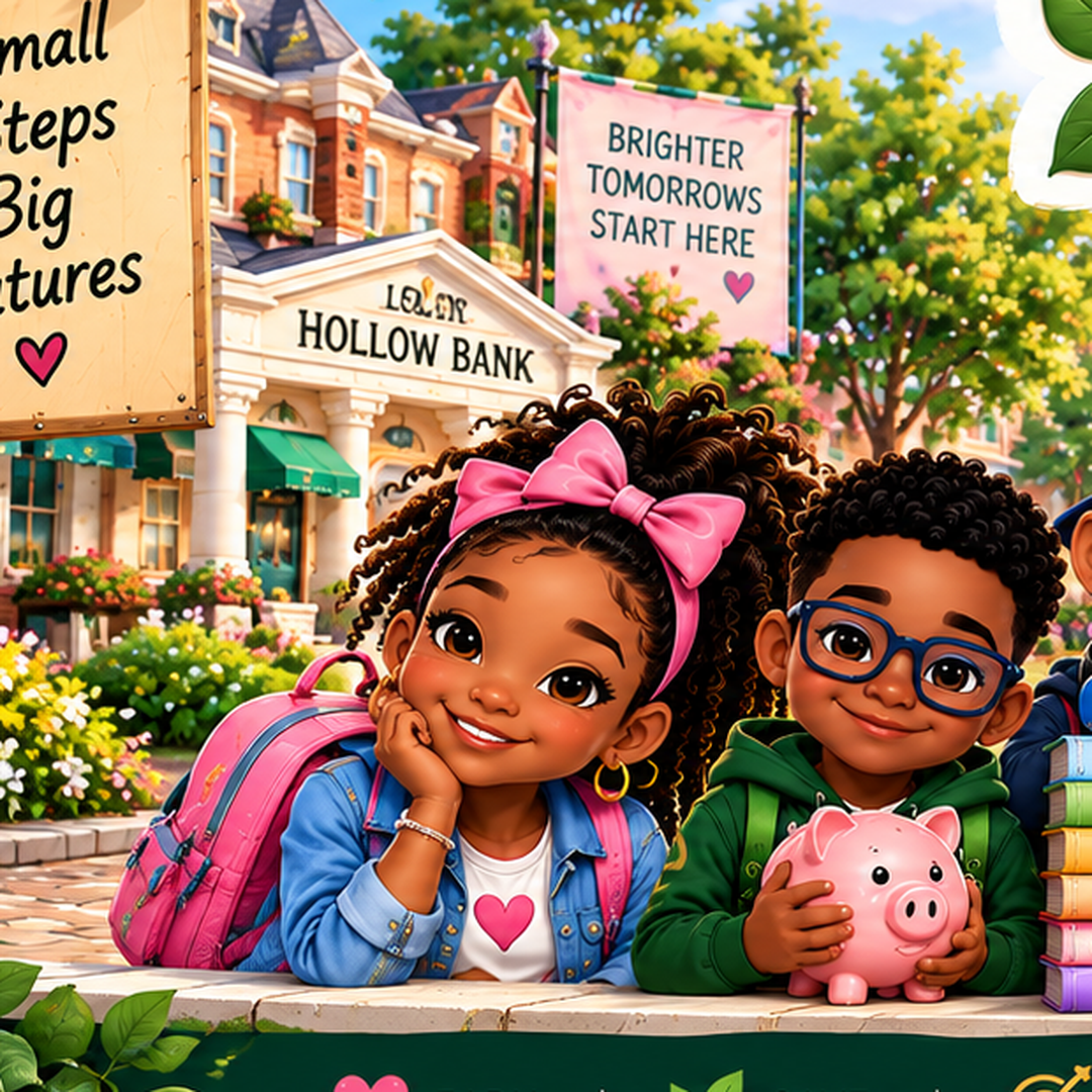 Penny and Sammy smiling with a piggy bank in Penny Hollow